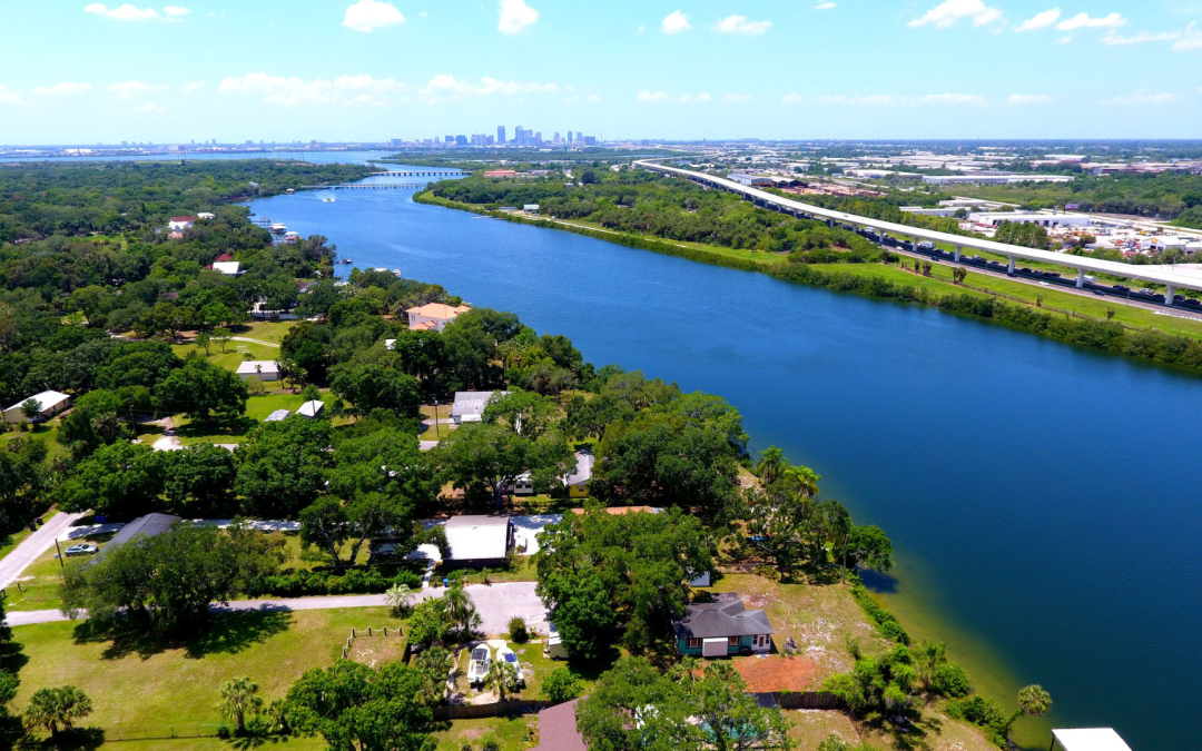 An aerial view of the Hillsborough River in Tampa Bay during a sunny day.